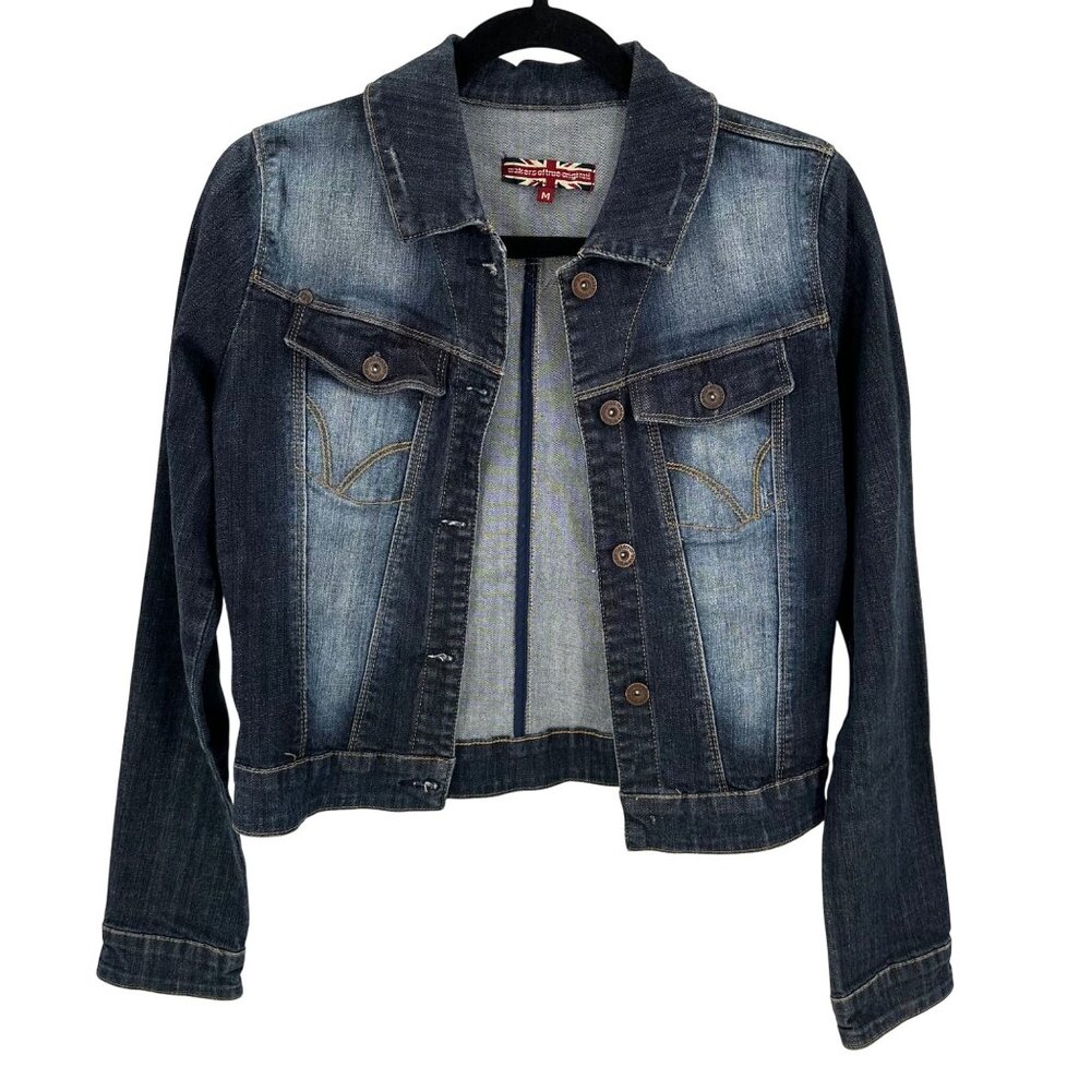 Makers Of True Originals Womens Blue Distressed Button Denim Jacket Sz M FLAW